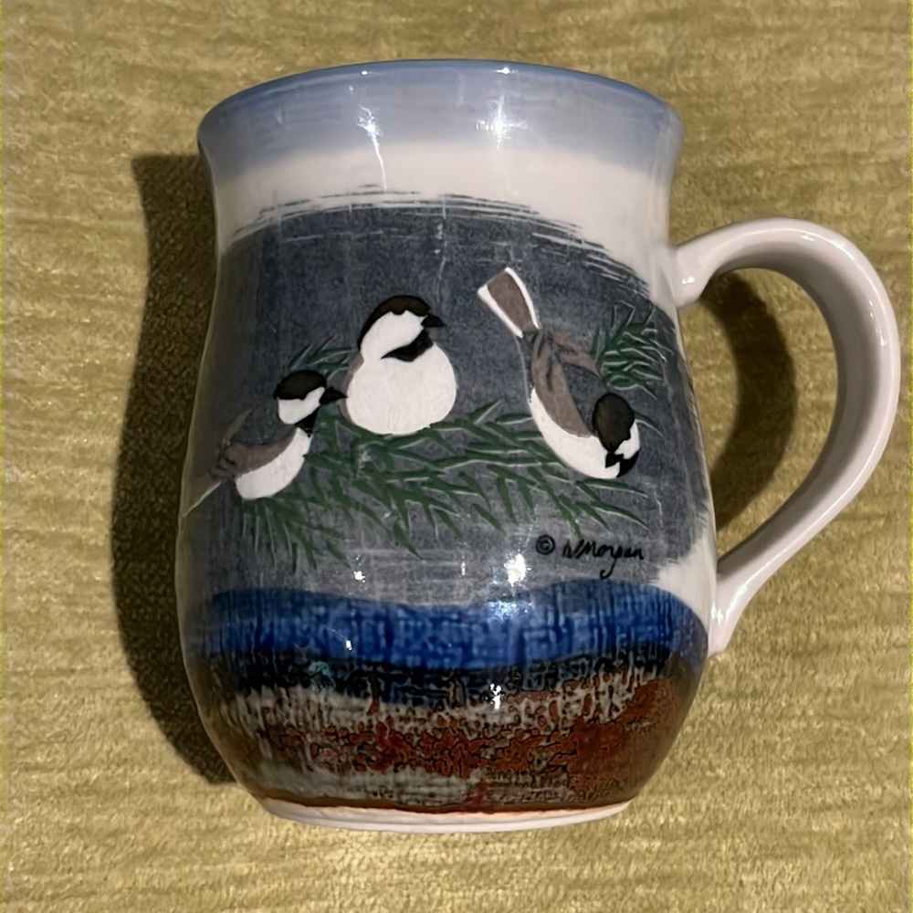 Art Pottery Mug with Chickadees. Copyrighted and signed “W. Morgan”